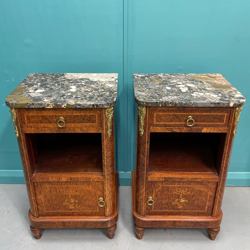 Pair of French burr walnut bedside cabinets 