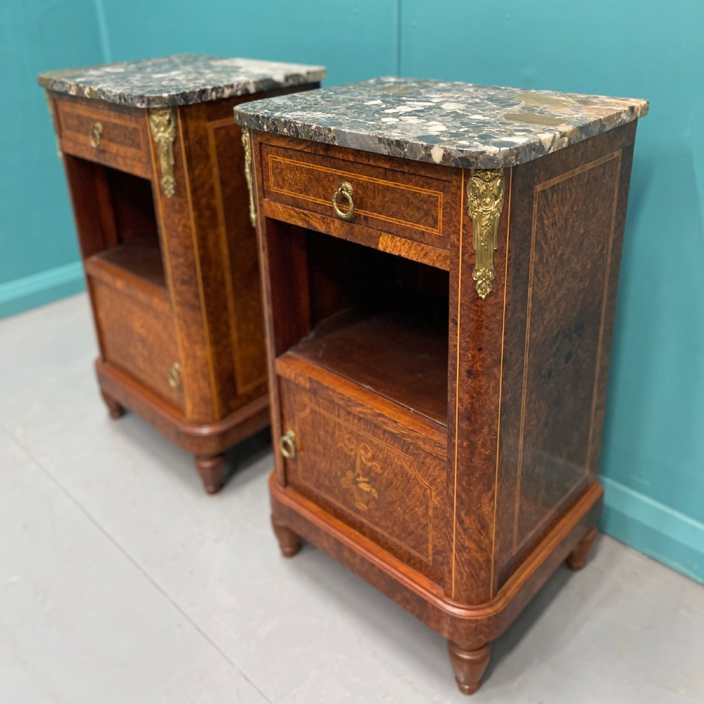 Pair of French burr walnut bedside cabinets  View II