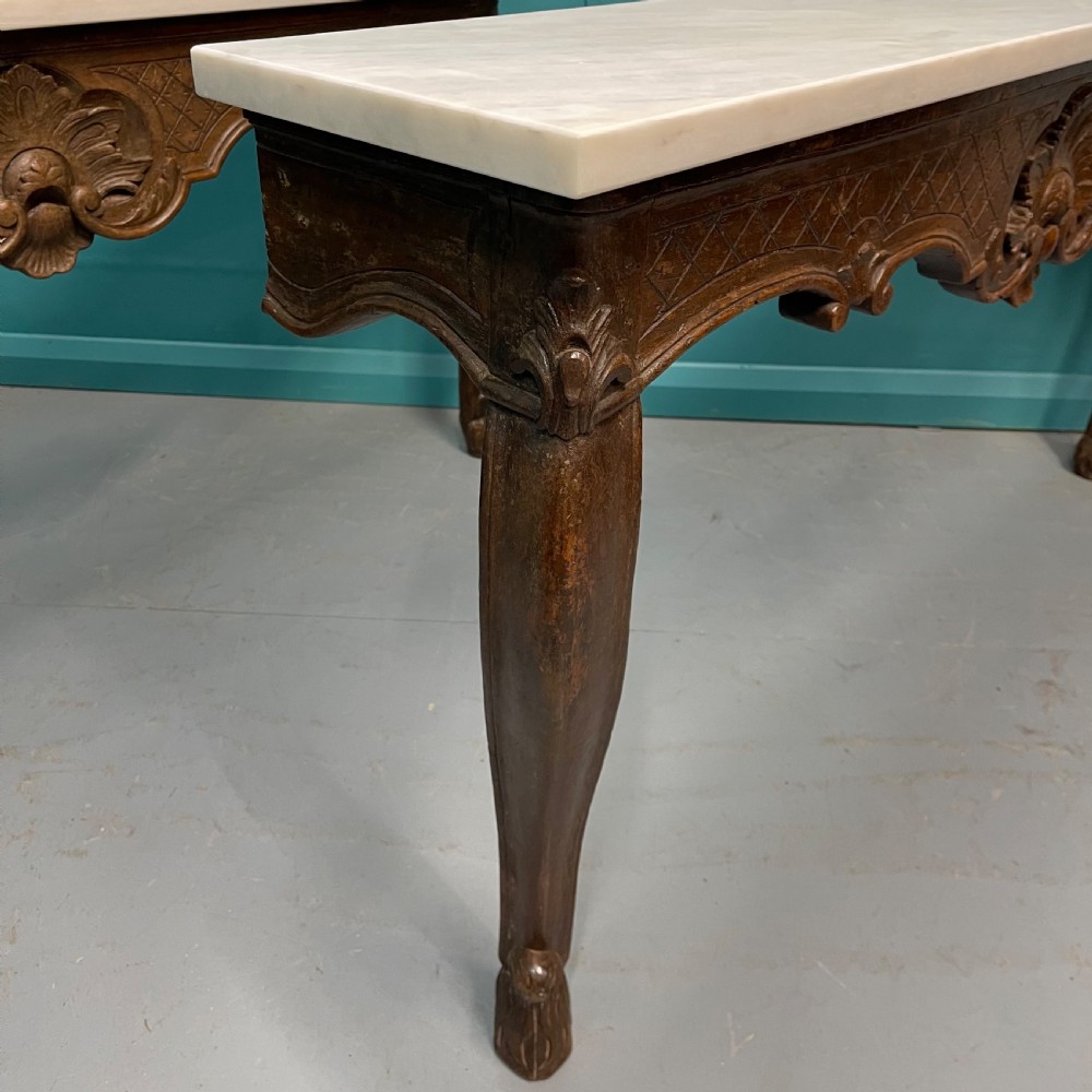 Pair of French marble top wall mounted console tables  View X