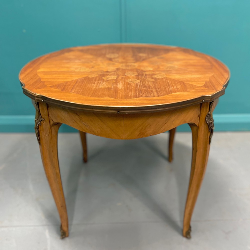 French round coffee table with marquetry