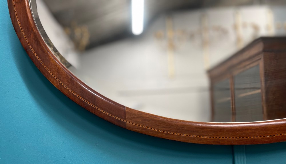 Edwardian oval inlaid mirror with bevelled glass View V