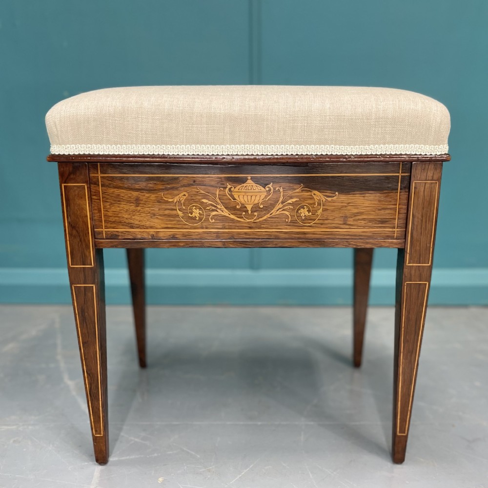 Newly upholstered marquetry piano stool