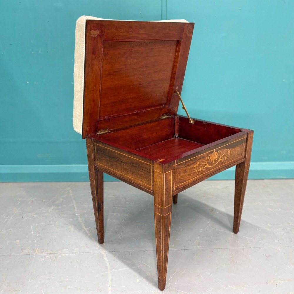 Newly upholstered marquetry piano stool View II