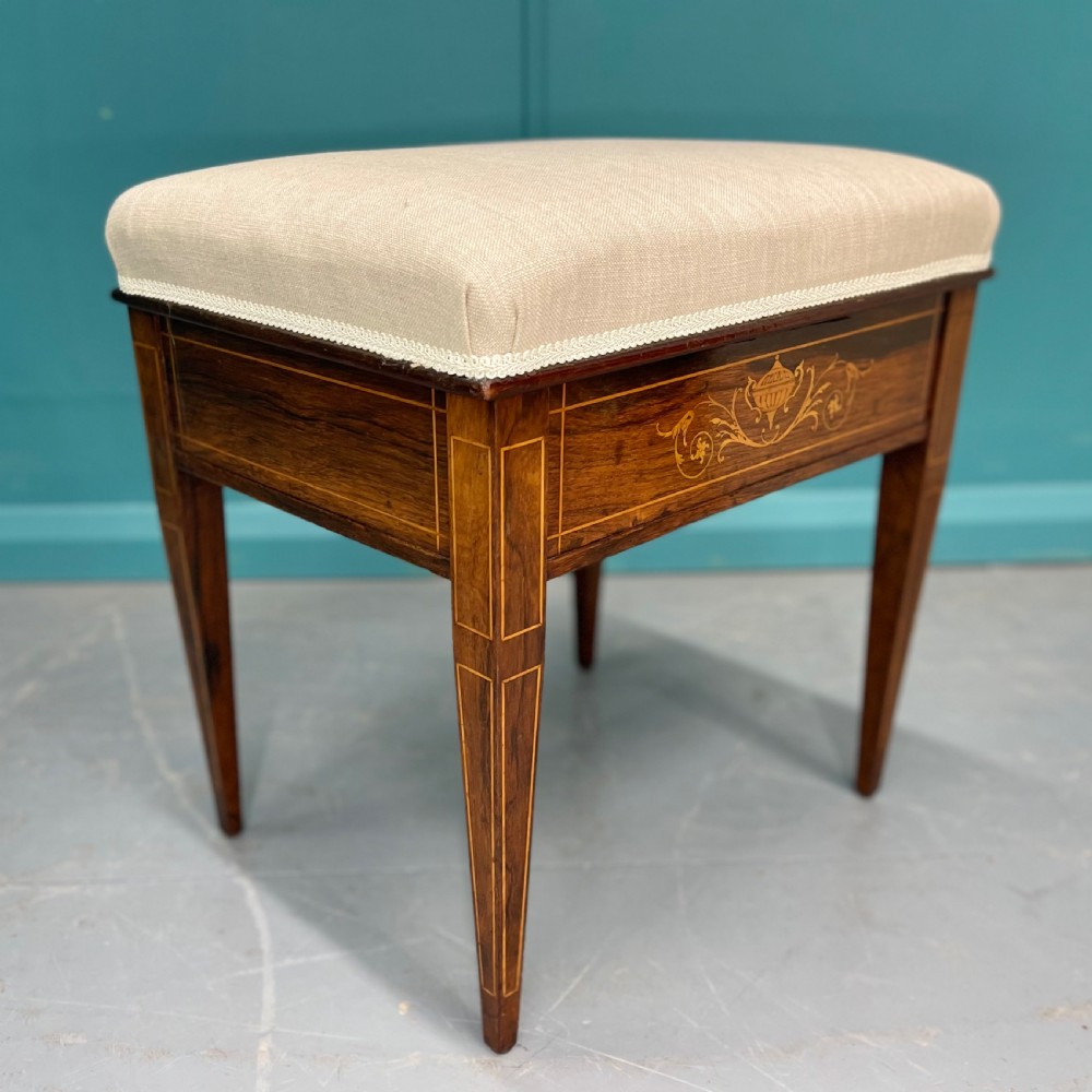 Newly upholstered marquetry piano stool View IV