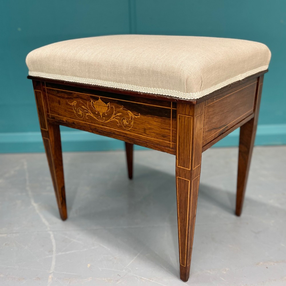Newly upholstered marquetry piano stool View V