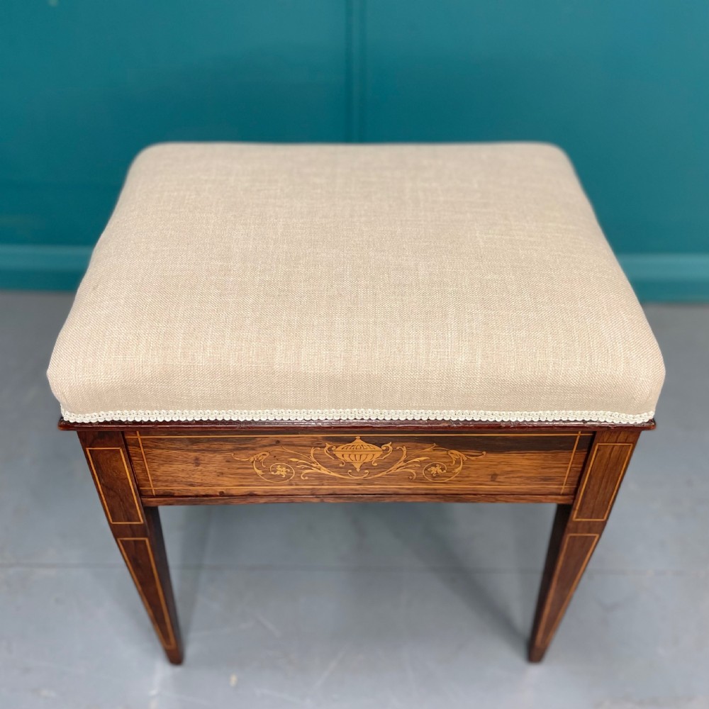 Newly upholstered marquetry piano stool View VI