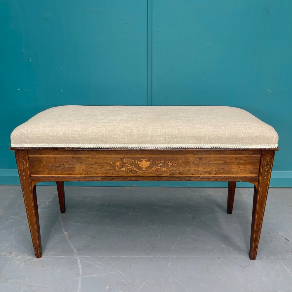 Newly upholstered piano duet stool with marquetry