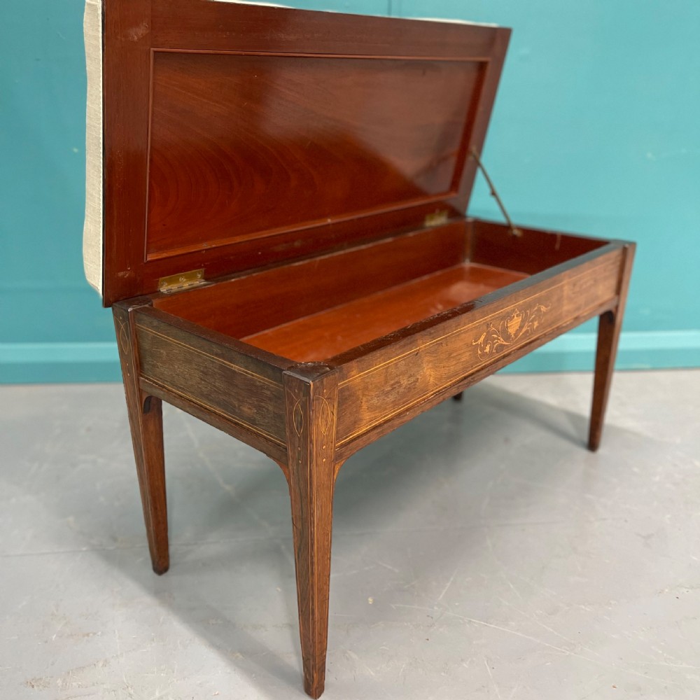 Newly upholstered piano duet stool with marquetry View II