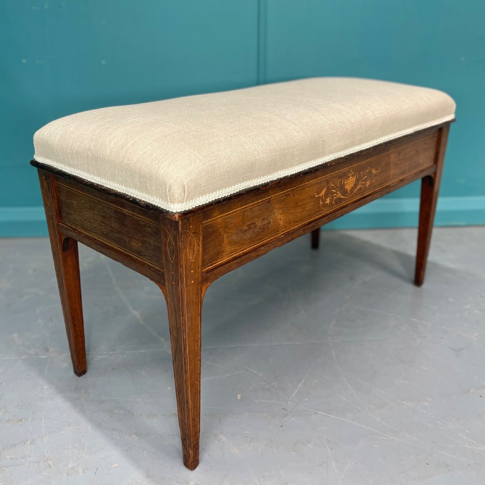Newly upholstered piano duet stool with marquetry View III