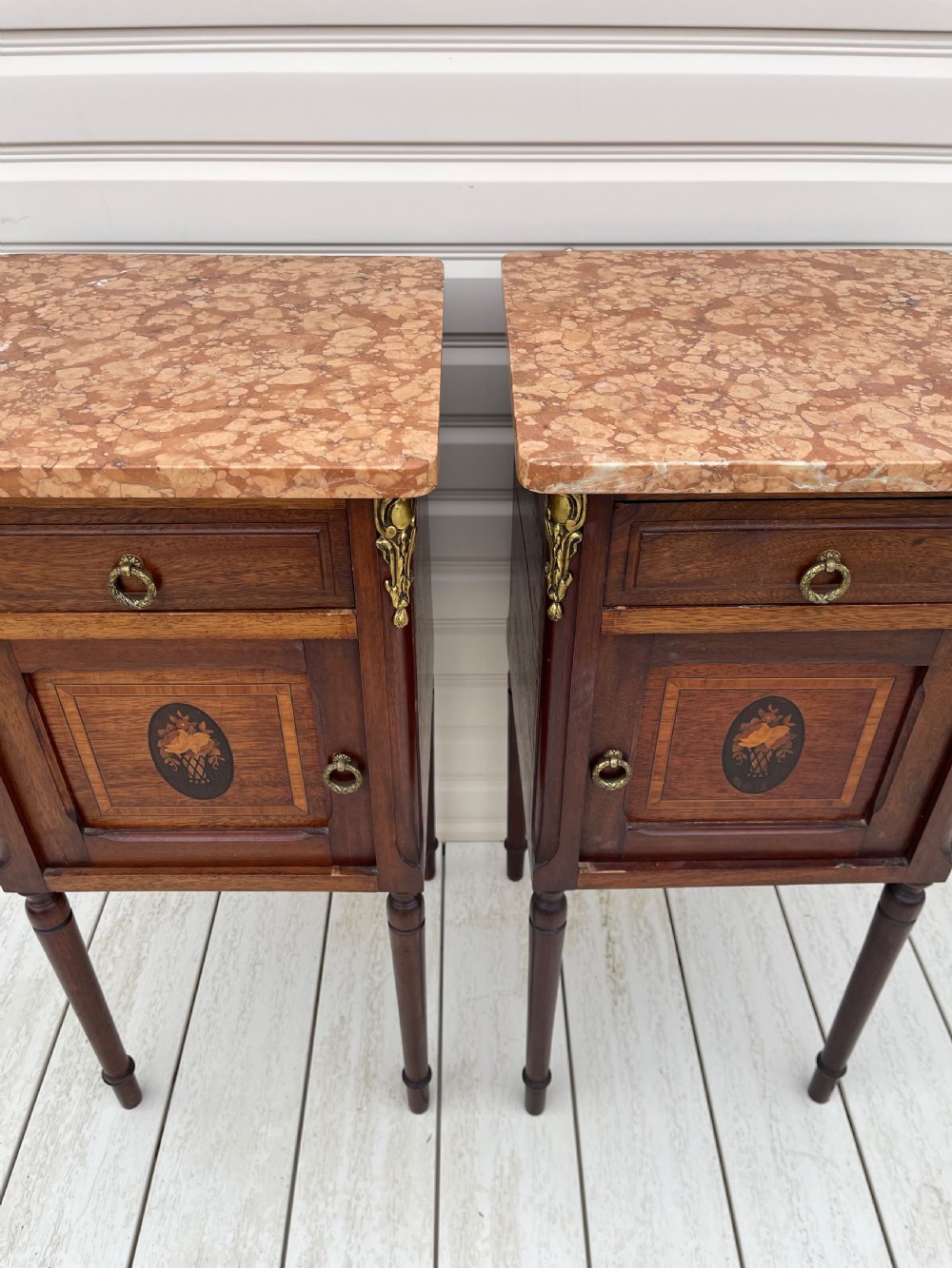 Pair of French marble top bedside cabinets View II