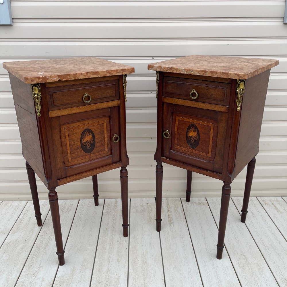 Pair of French marble top bedside cabinets View III