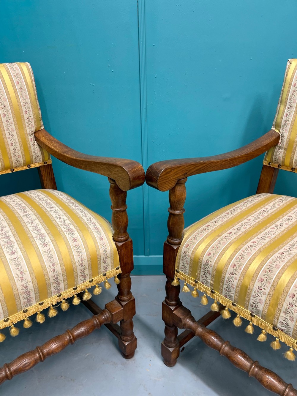 Pair of English oak hall armchairs View V