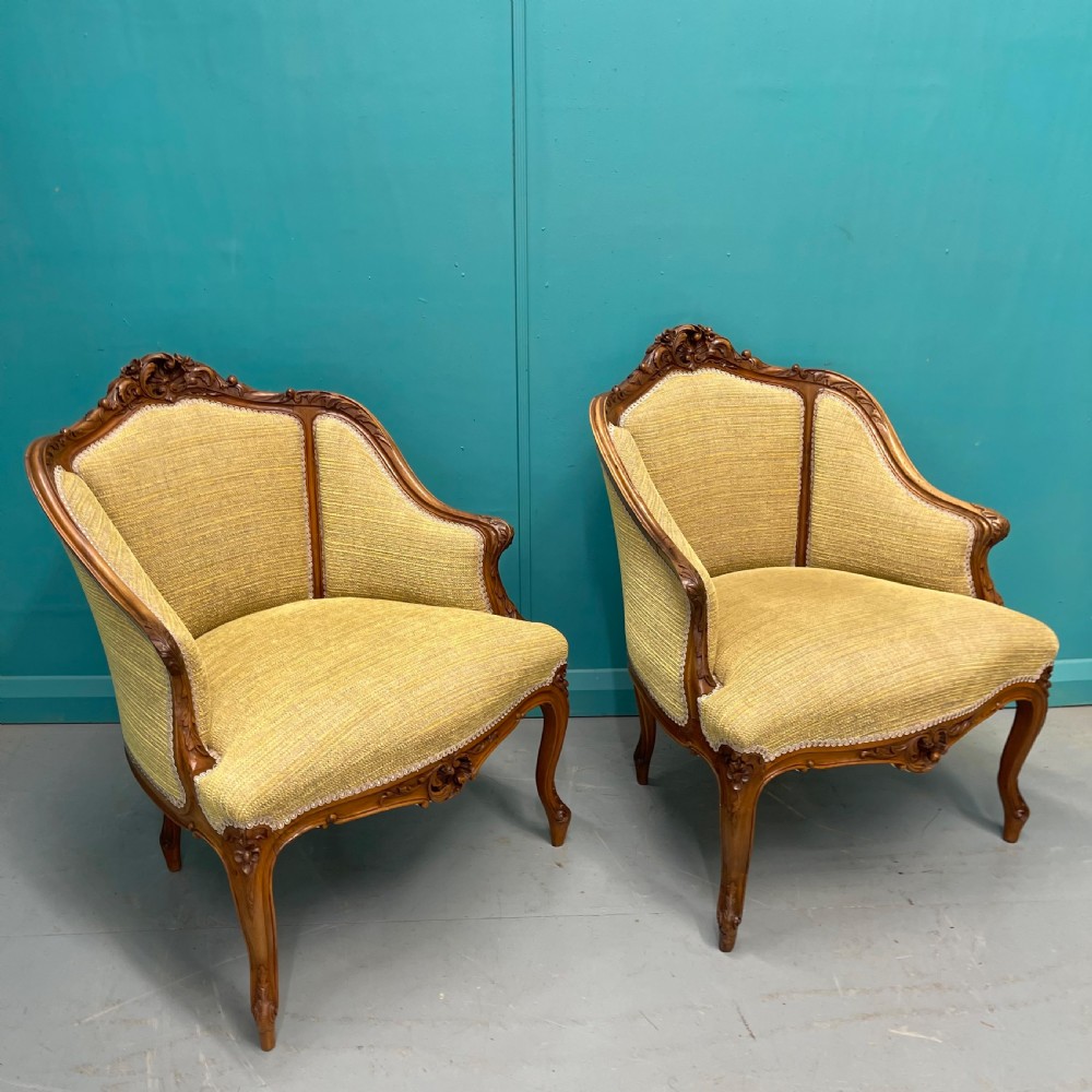 Pair of French walnut low back tub armchairs View III