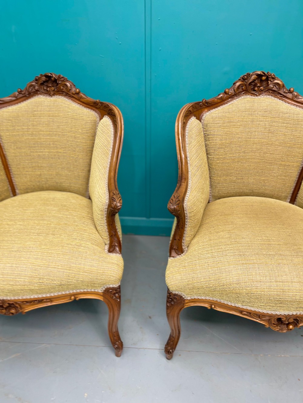 Pair of French walnut low back tub armchairs View IV