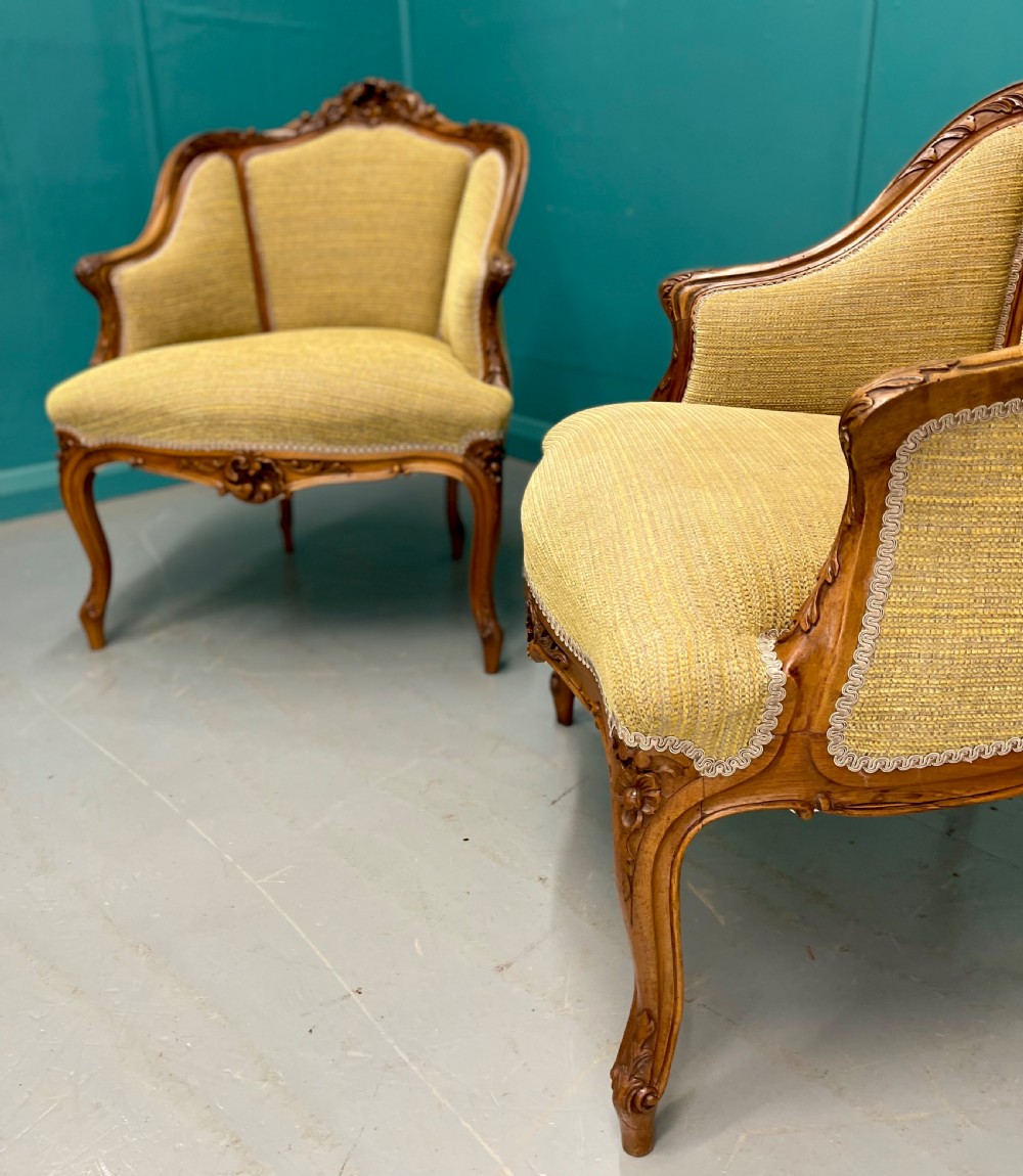 Pair of French walnut low back tub armchairs View VII