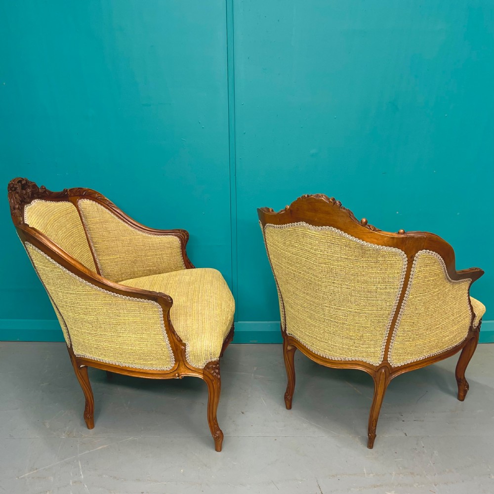 Pair of French walnut low back tub armchairs View IX