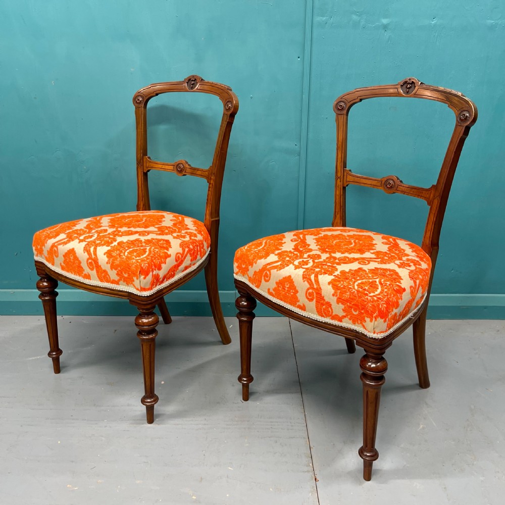 Pair of Edwardian walnut side or hall chairs  View V