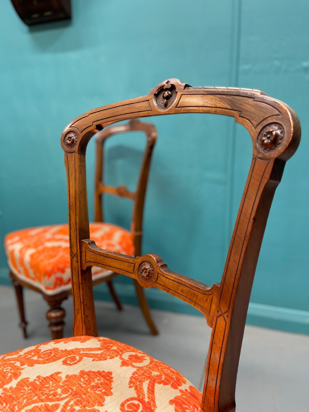 Pair of Edwardian walnut side or hall chairs  View VIII