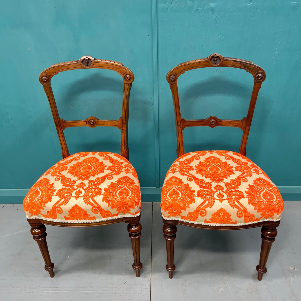 Pair of Edwardian walnut side or hall chairs  View X