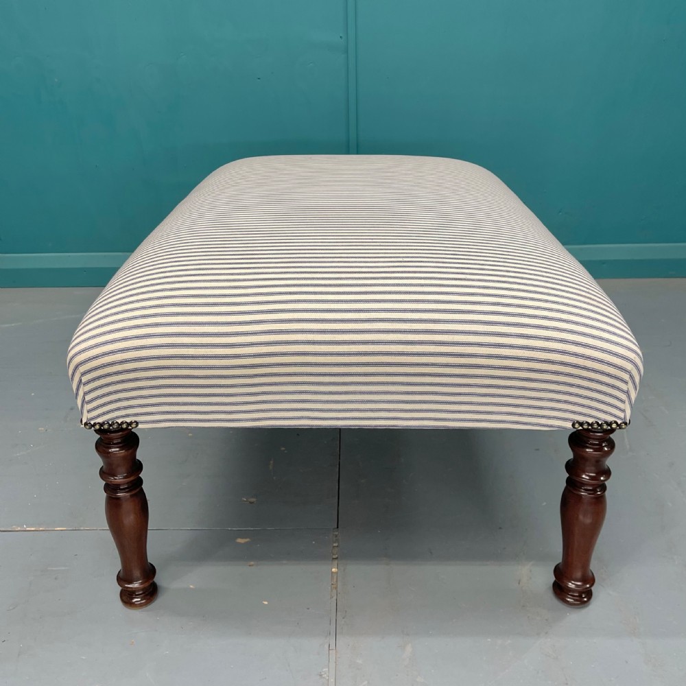 Newly upholstered blue ticking stripe footstool View IV