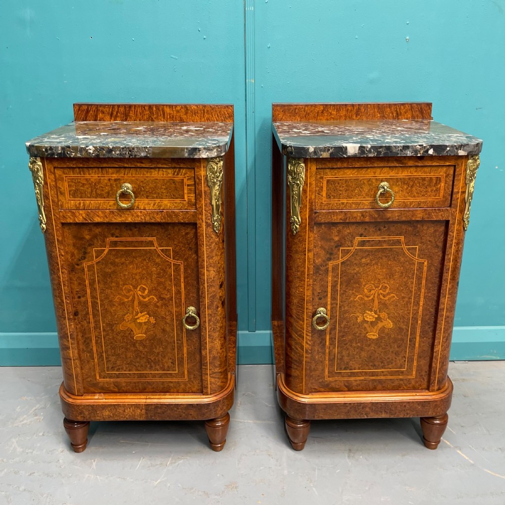 Pair of French burr walnut bedside cabinets