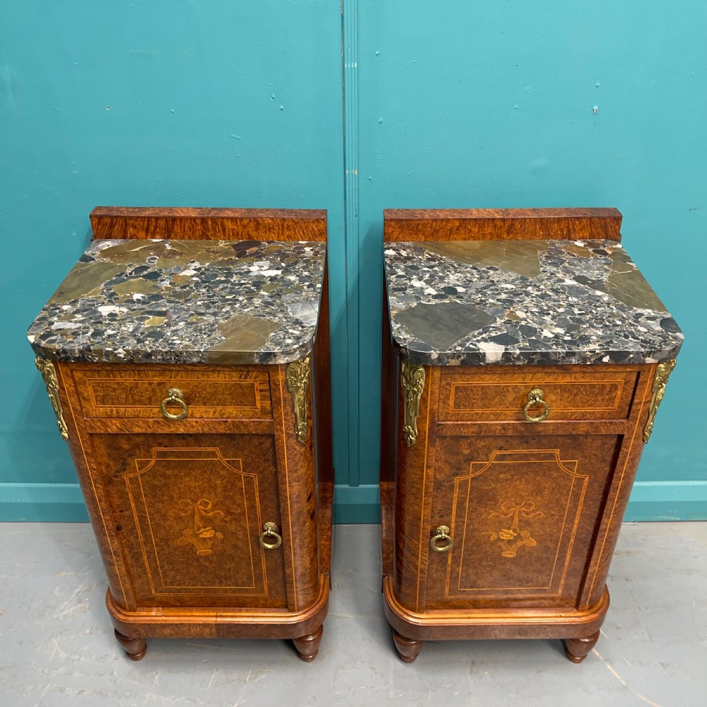Pair of French burr walnut bedside cabinets View II