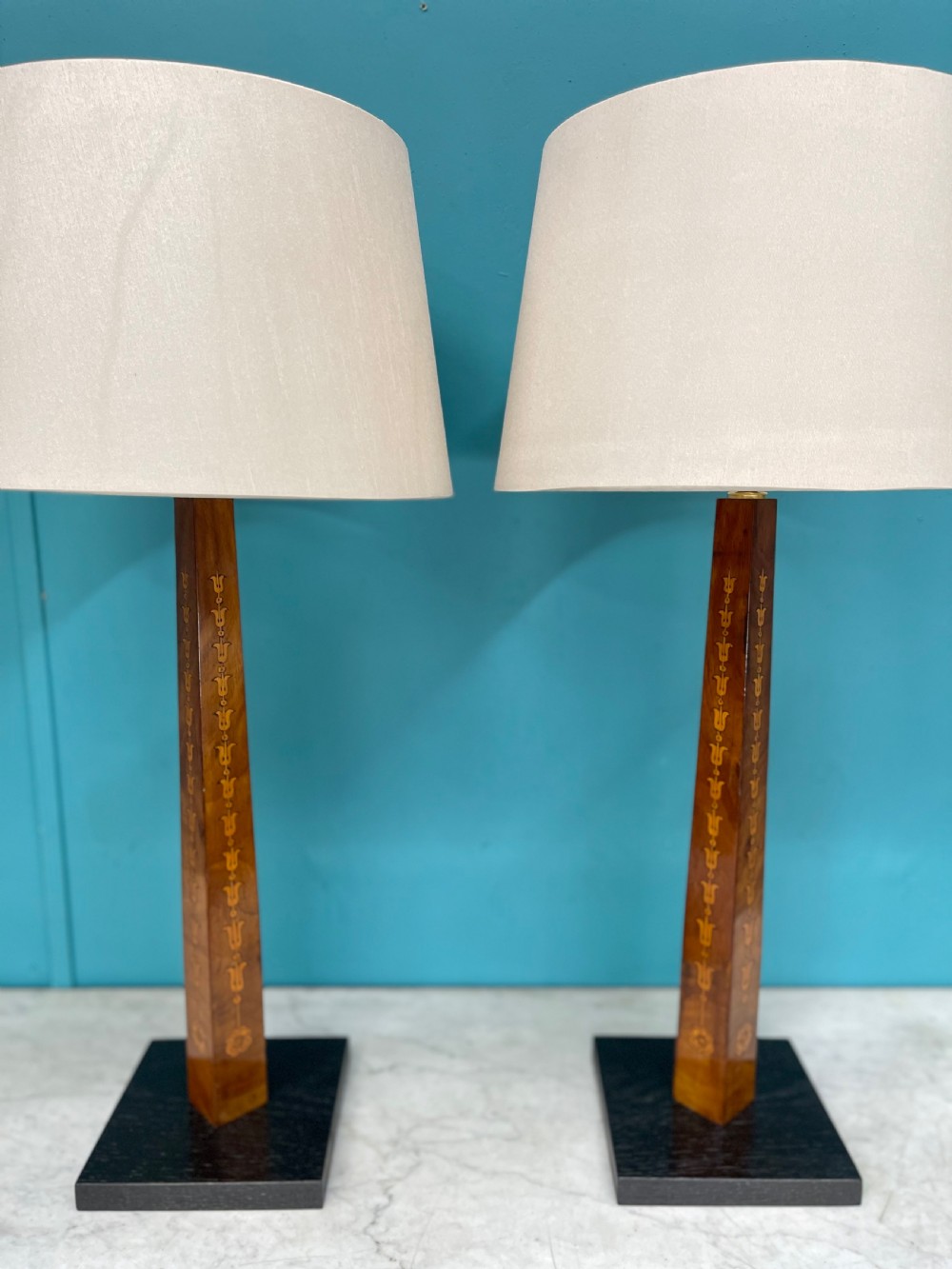 Pair of Sheraton revival marquetry table lamps  View II