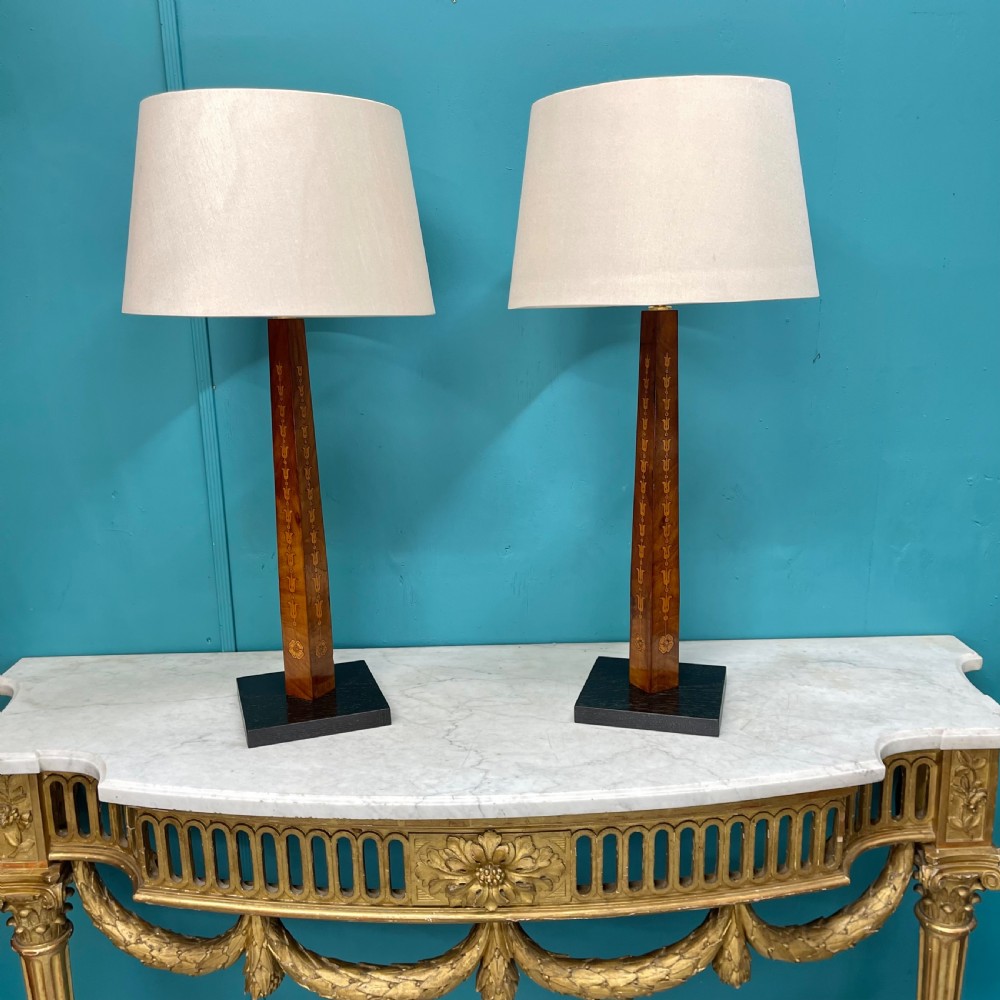 Pair of Sheraton revival marquetry table lamps  View VIII