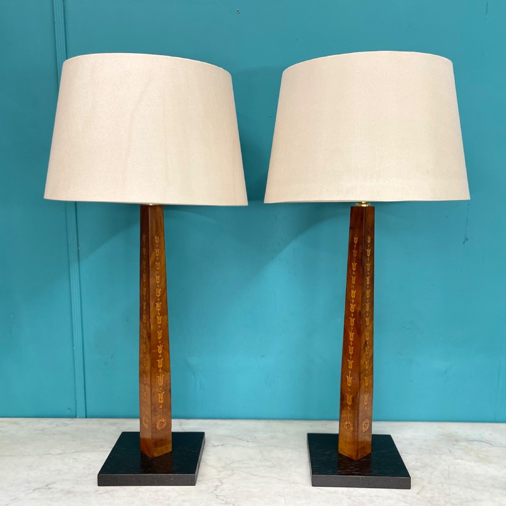Pair of Sheraton revival marquetry table lamps  View IX