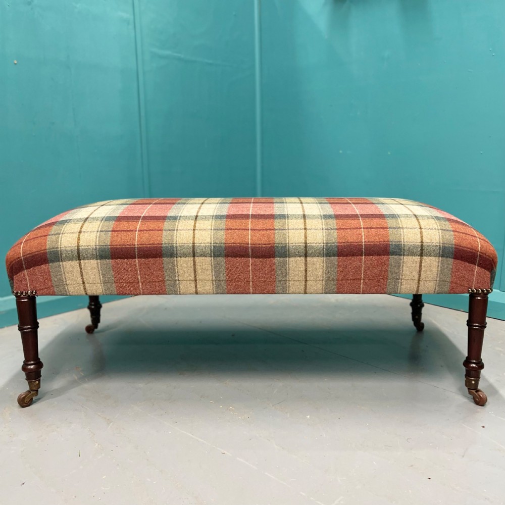 Newly upholstered Harris Tartan Tweed ottoman footstool View II