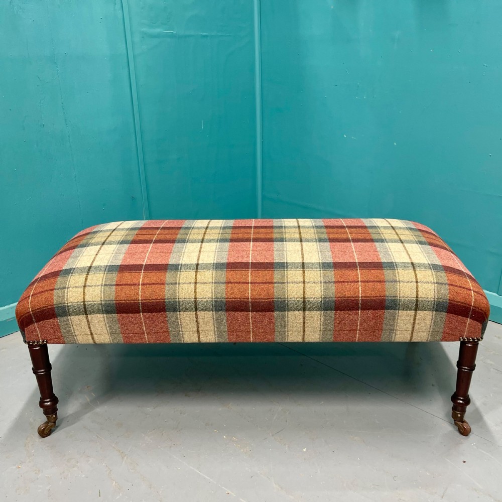 Newly upholstered Harris Tartan Tweed ottoman footstool View III