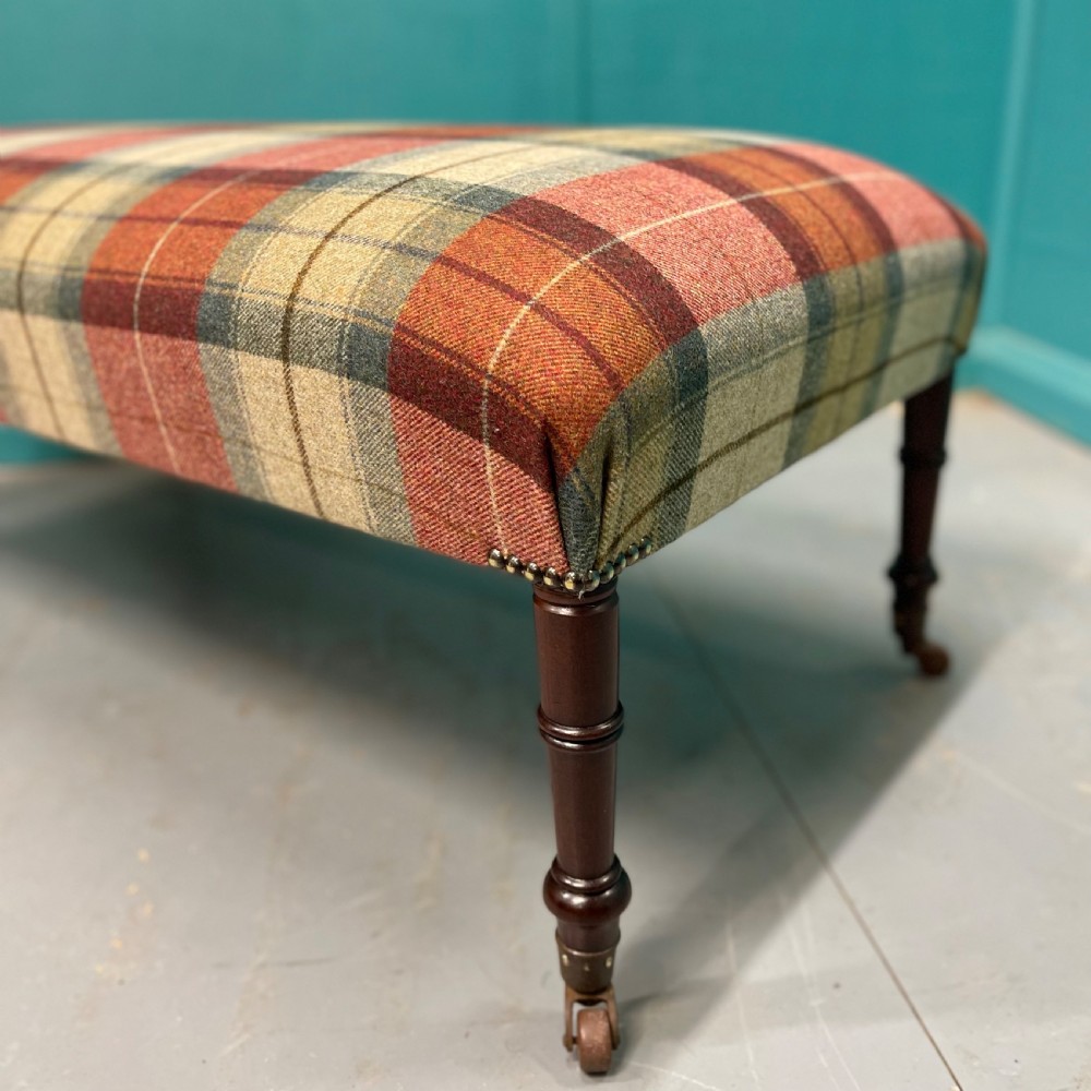 Newly upholstered Harris Tartan Tweed ottoman footstool View IV