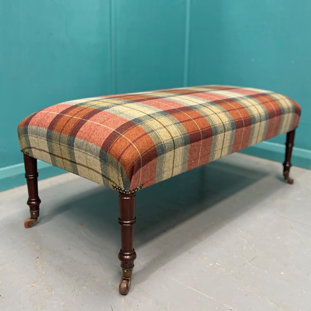Newly upholstered Harris Tartan Tweed ottoman footstool View V