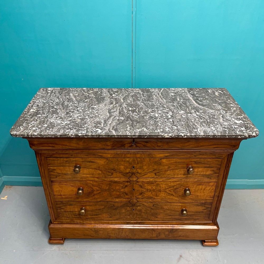 Figured walnut marble top commode  View III