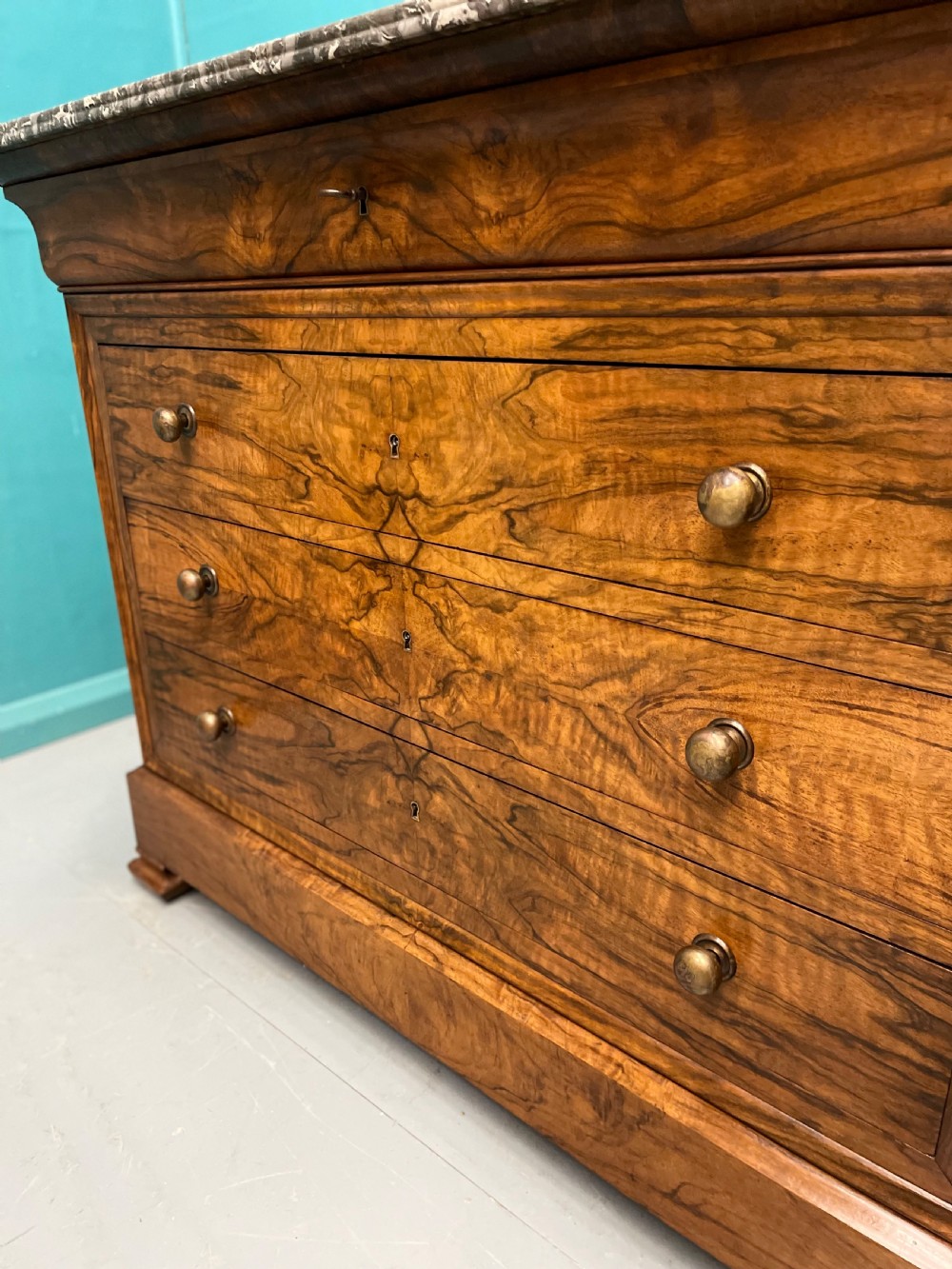 Figured walnut marble top commode  View VIII