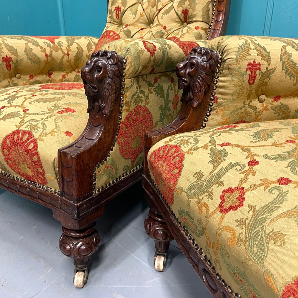 Pair of newly upholstered buttoned library armchairs  View II