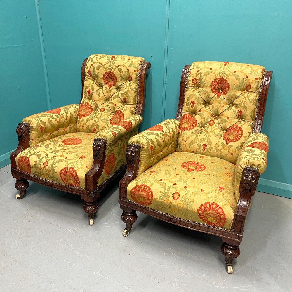 Pair of newly upholstered buttoned library armchairs  View III