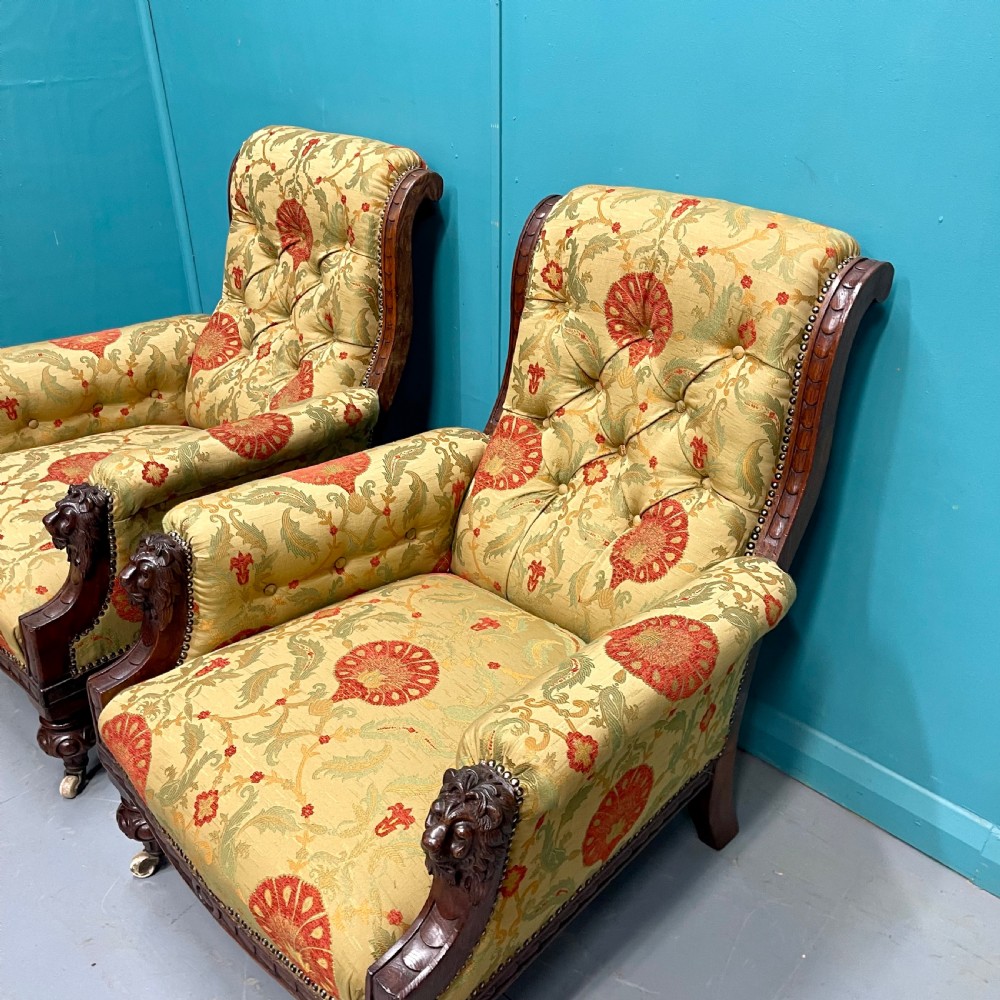 Pair of newly upholstered buttoned library armchairs  View IV