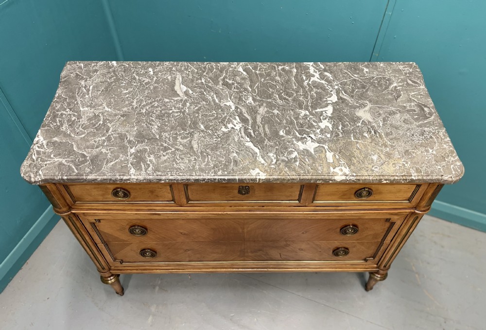 French inlaid fruitwood marble top commode  View IX