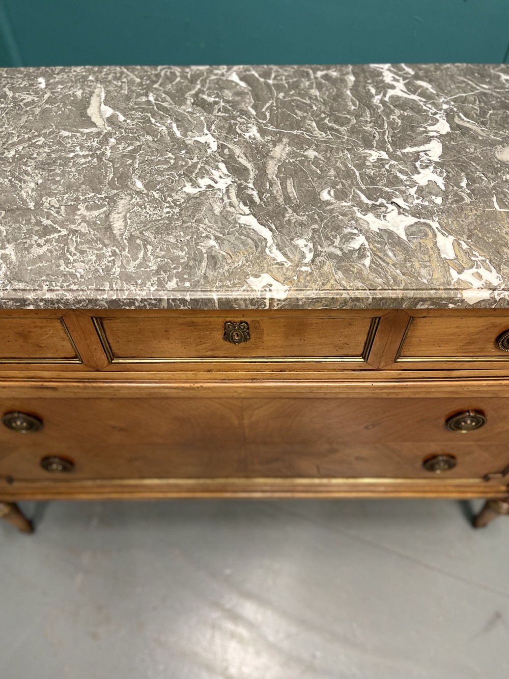 French inlaid fruitwood marble top commode  View X