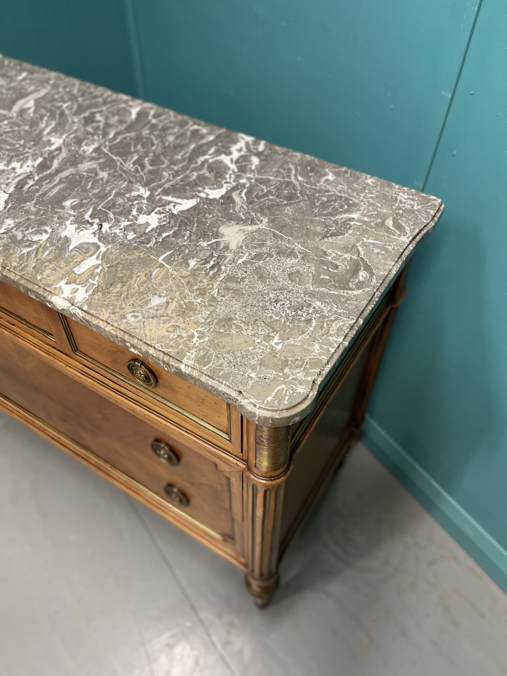 French inlaid fruitwood marble top commode  View XI