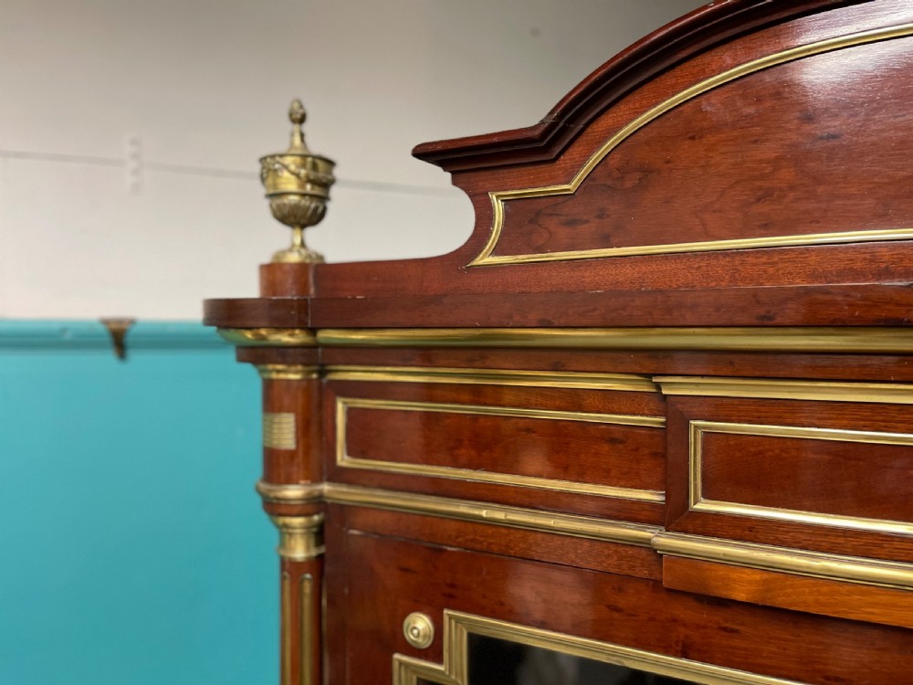 French mahogany and brass inlaid bookcase armoire View IV