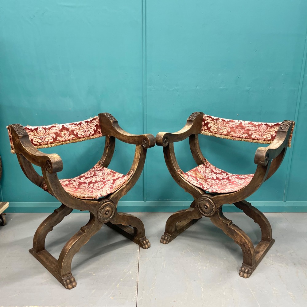 Pair of Spanish X frame hip joint hall chairs View VII