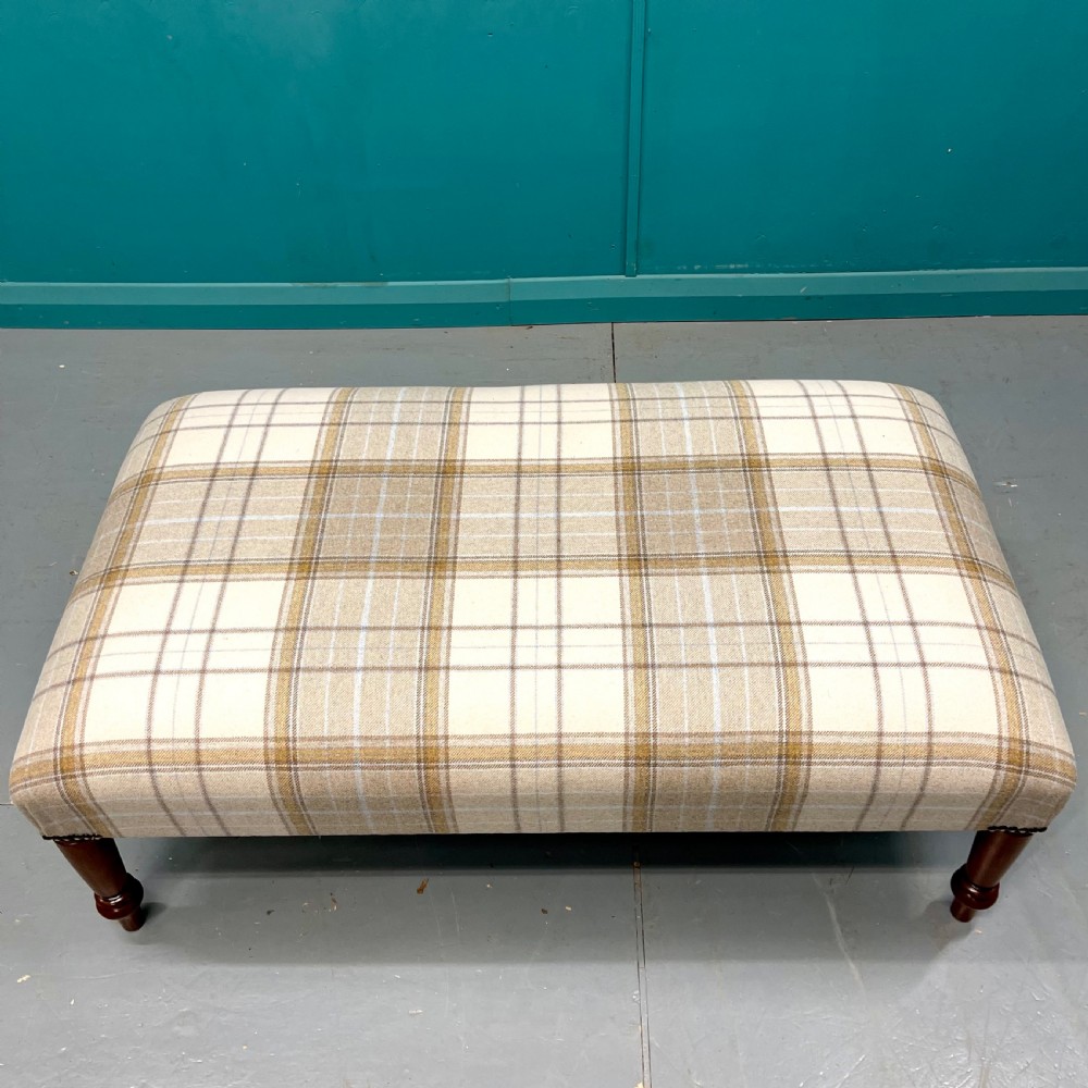 Newly upholstered Harris tartan plaid footstool View IV