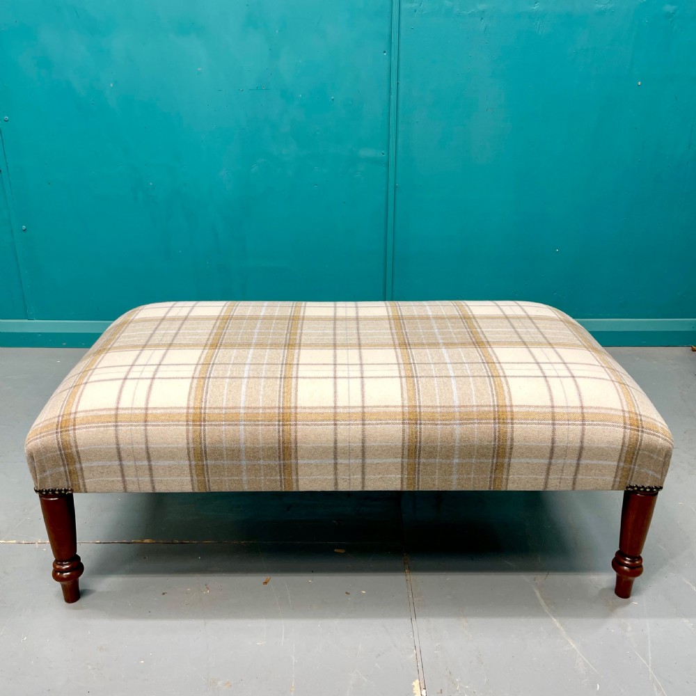 Newly upholstered Harris tartan plaid footstool View V