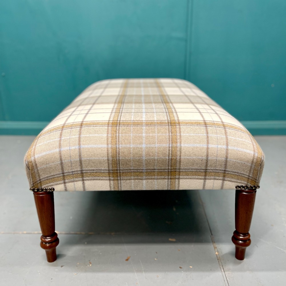 Newly upholstered Harris tartan plaid footstool View VI