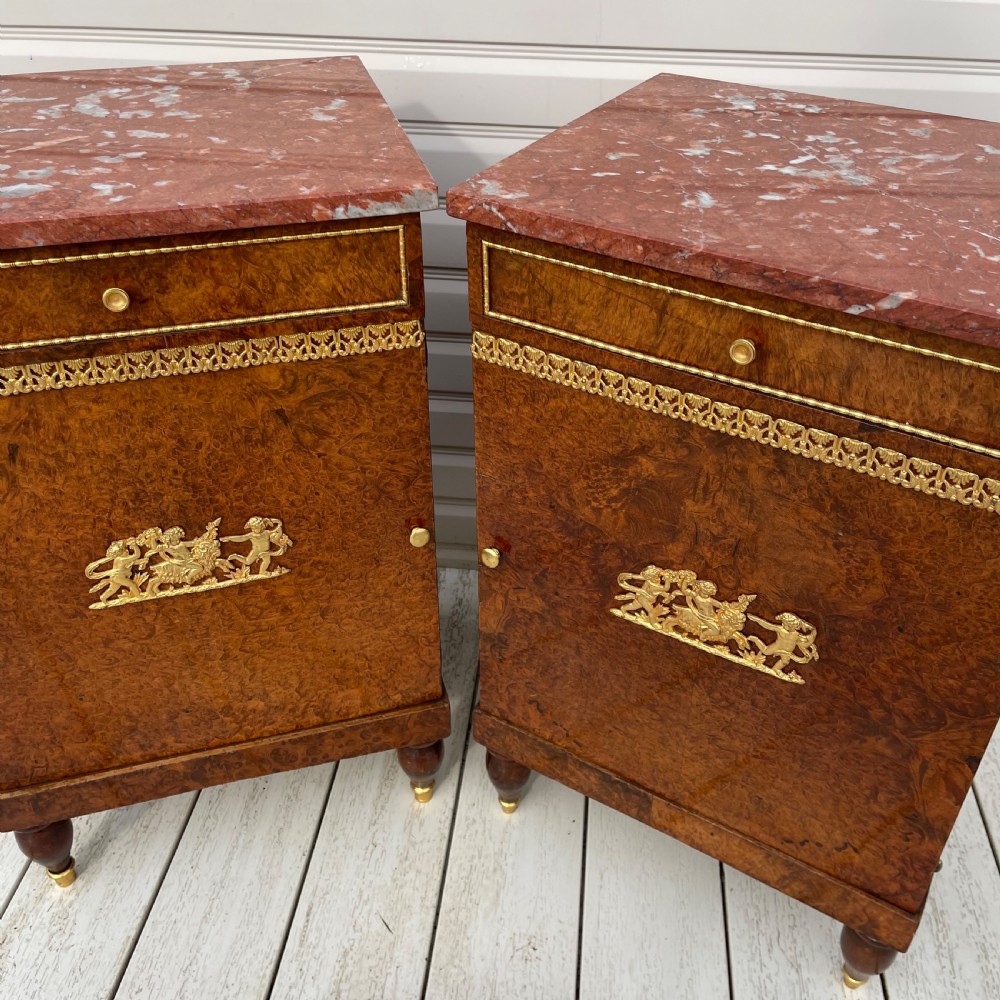 Pair of French Empire style burr walnut bedside cabinets  View II