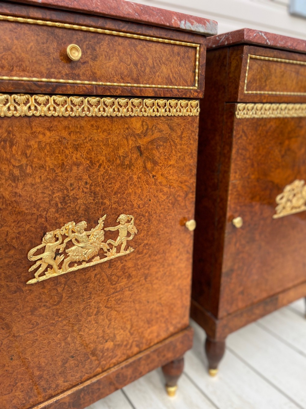 Pair of French Empire style burr walnut bedside cabinets  View III