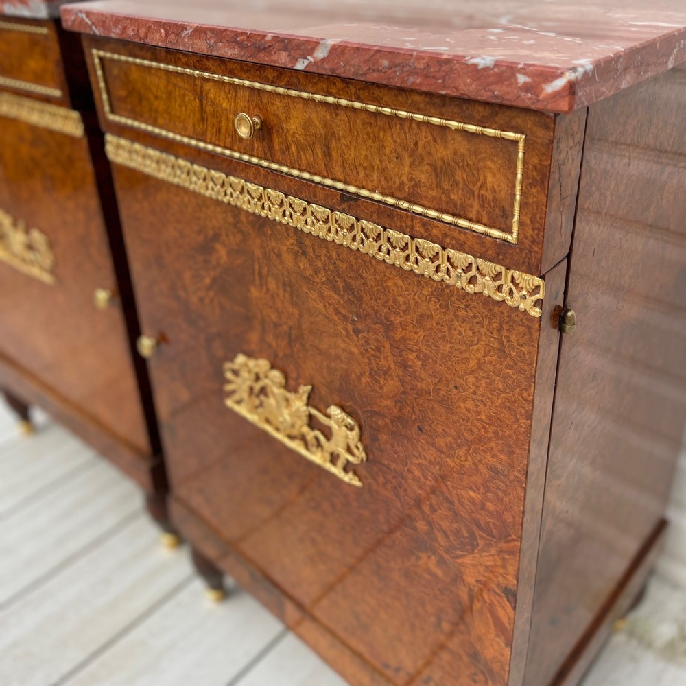 Pair of French Empire style burr walnut bedside cabinets  View IV