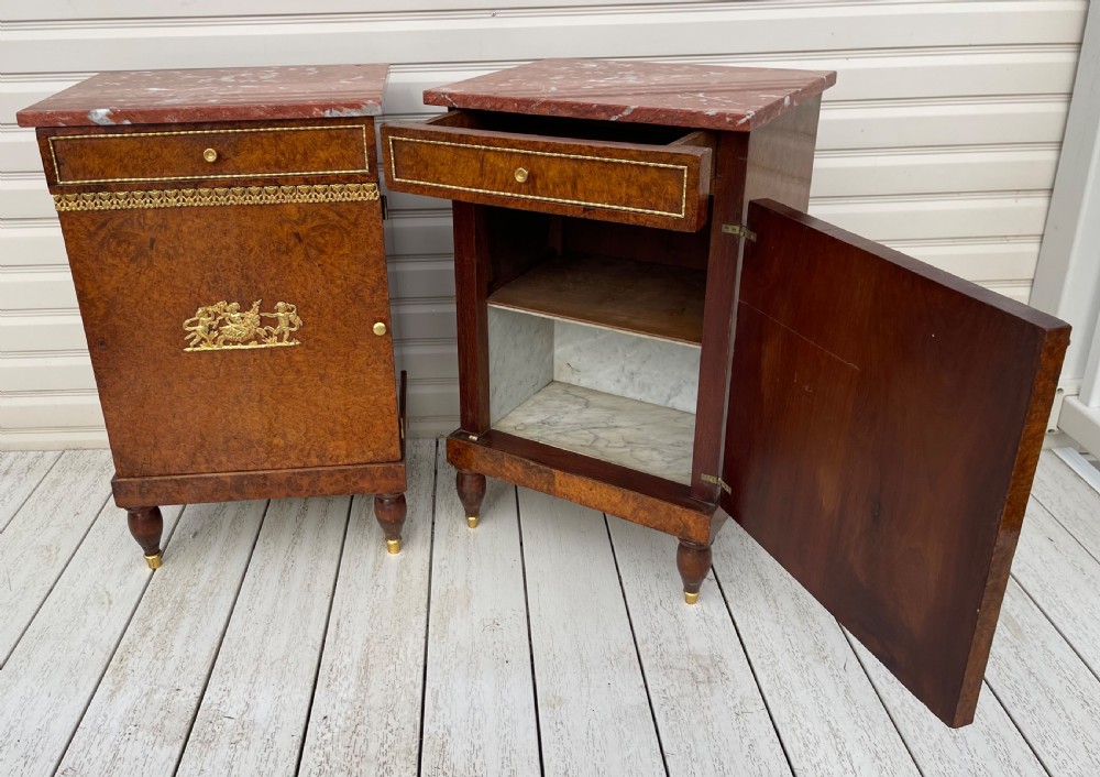 Pair of French Empire style burr walnut bedside cabinets  View V
